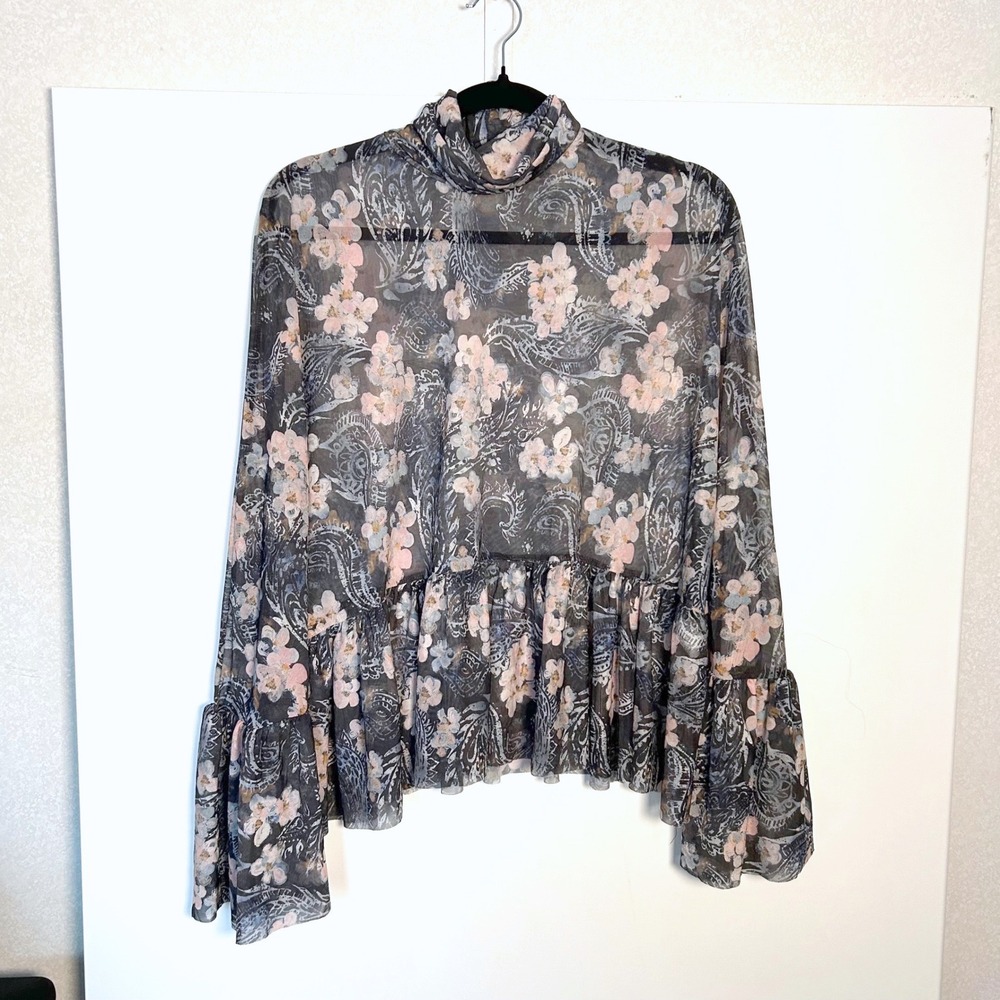 Zara Mesh Tulle Sheer long sleeve turtleneck Layer blouse Dark Floral Whimsigoth